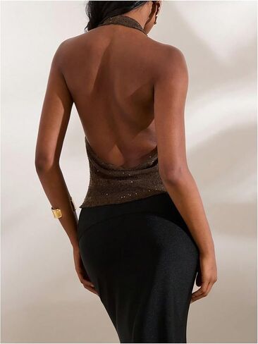 Makemechic Women Out Out Tops Sexy Deep v Cowl Neck Blackless requin Halter Top Top in Kuwait