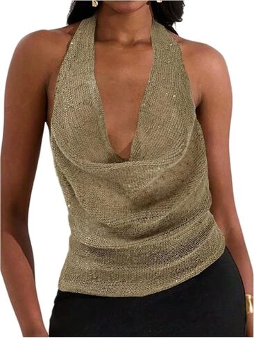 Makemechic Women Out Out Tops Sexy Deep v Cowl Neck Blackless requin Halter Top Top in Kuwait