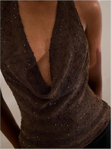Makemechic Women Out Out Tops Sexy Deep v Cowl Neck Blackless requin Halter Top Top in Kuwait
