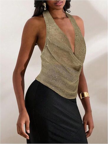 Makemechic Women Out Out Tops Sexy Deep v Cowl Neck Blackless requin Halter Top Top in Kuwait