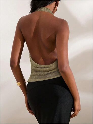 Makemechic Women Out Out Tops Sexy Deep v Cowl Neck Blackless requin Halter Top Top in Kuwait