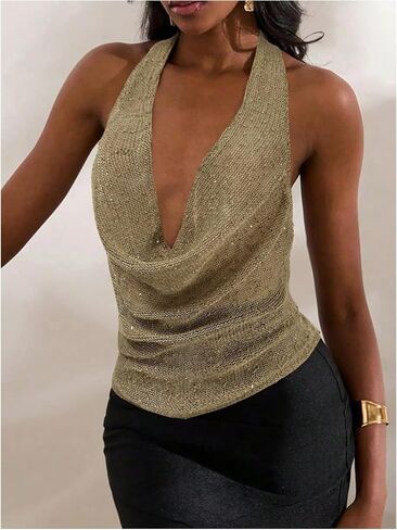Makemechic Women Out Out Tops Sexy Deep v Cowl Neck Blackless requin Halter Top Top in Kuwait