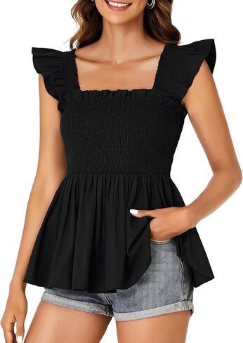 Lyaner للسيدات مربع رقبة الكشكش غلاف غلاف مزخرف peplum top babydoll shirred Blouse cami tank in Kuwait