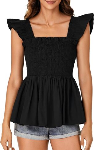 Lyaner للسيدات مربع رقبة الكشكش غلاف غلاف مزخرف peplum top babydoll shirred Blouse cami tank in Kuwait