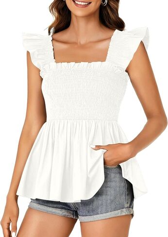 Lyaner للسيدات مربع رقبة الكشكش غلاف غلاف مزخرف peplum top babydoll shirred Blouse cami tank in Kuwait