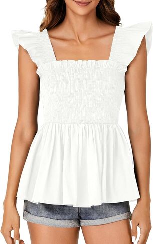 Lyaner للسيدات مربع رقبة الكشكش غلاف غلاف مزخرف peplum top babydoll shirred Blouse cami tank in Kuwait