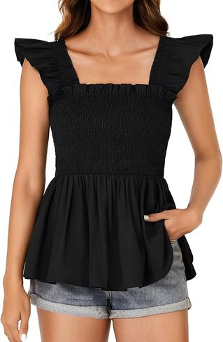 Lyaner للسيدات مربع رقبة الكشكش غلاف غلاف مزخرف peplum top babydoll shirred Blouse cami tank in Kuwait