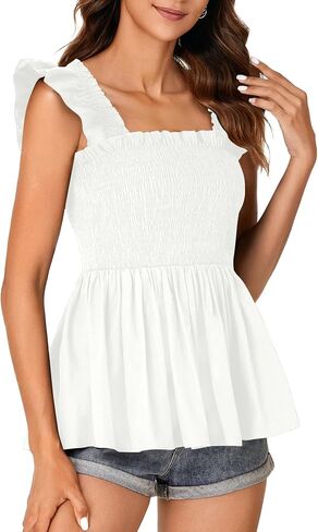 Lyaner للسيدات مربع رقبة الكشكش غلاف غلاف مزخرف peplum top babydoll shirred Blouse cami tank in Kuwait