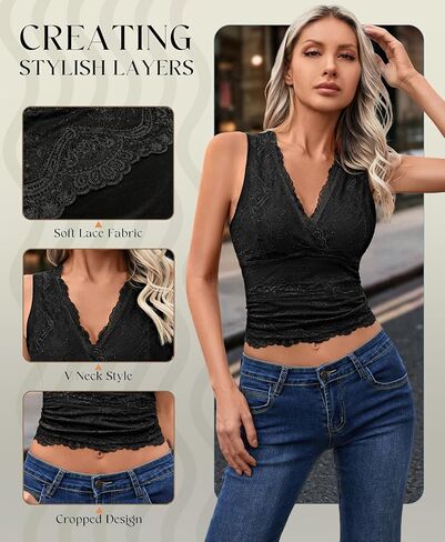 Womens Lace Tank Tops - V Neck Camisole Sleeveless Sexy Going Out Y2K Cropped Halter Vest Top in Kuwait