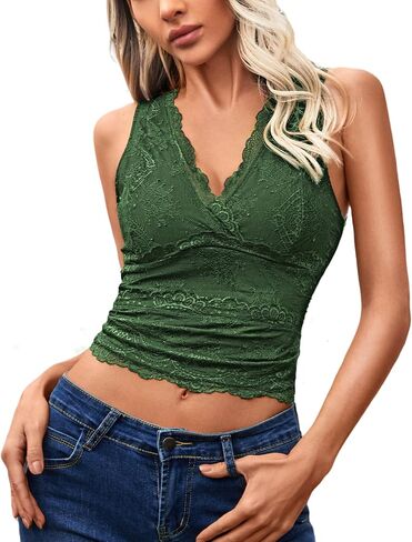 Womens Lace Tank Tops - V Neck Camisole Sleeveless Sexy Going Out Y2K Cropped Halter Vest Top in Saudi Arabia