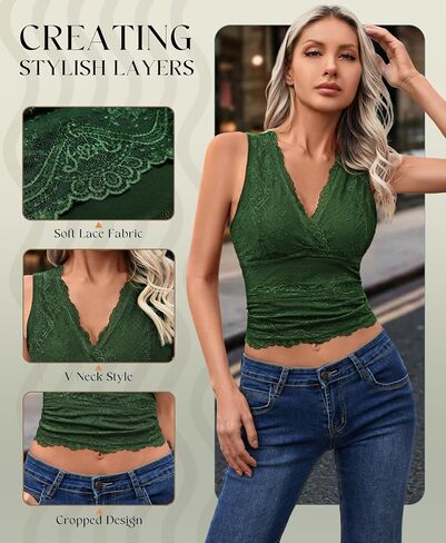 Womens Lace Tank Tops - V Neck Camisole Sleeveless Sexy Going Out Y2K Cropped Halter Vest Top in Saudi Arabia