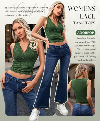 Womens Lace Tank Tops - V Neck Camisole Sleeveless Sexy Going Out Y2K Cropped Halter Vest Top in Saudi Arabia