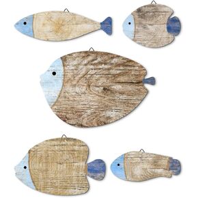 Putuo Decor 5 PCS Rustic Woord Wood Fish Wall Art Beach Nautical Wall Hanging Decor Ocean Ocean Fish Wall Sculpture for Home Bathroom Bape Bake House