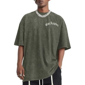 Bobeutou Oversized Vintage Graphic Tees for Men Los Angeles Shirt Acid Wash Tshirt Letter T-Shirt Grunge Crew Neck Tops