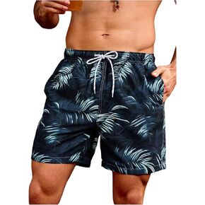 Verdusa Men's Tropical Print Swim Trunks Hawaii Drawstring Low Rise Board Shorts with Pocket