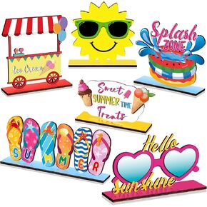 Barydat 6 Pcs Summer Wooden Table Decor Hello Summer Wood Signs Sunshine Table Centerpieces Beach Table Decor Farmhouse Tiered Tray for Home Kitchen
