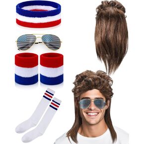 MEPase 5 PCS 80S COSTUME COSTION FOR MENS 4th Of July Punk Style MULLET WIG AMERICAN SUNGLASS SUNGLAS