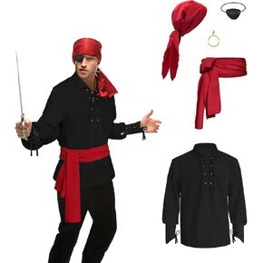 Mens Pirate Shirt, 5 Pcs Pirate Costume Set, Renaissance Pirate Shirt, Victorian Gothic Shirt Medieval Viking Costume Cosplay