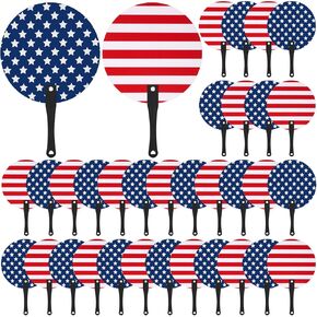 36 Pcs 4th of July Handheld Fans Bulk Memorial Day Round Patriotic Stars Stripes Plastic Hand Fans with Handle Red White Blue American Flag for Independence Day Party Favors Parade Gifts