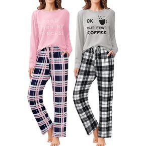 Ekouaer 2 Pack Women Pajama Long Sleeve Sleepwear Soft Loungewear Pjs Sets with Pockets S-XXL