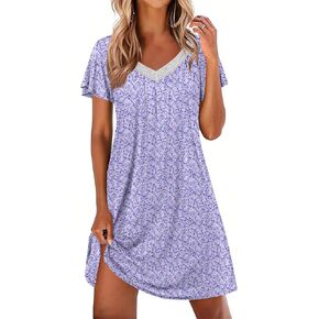 Ekouaer Womens Nightgown Lace Trim V Neck Sleep Shirt Flare Short Sleeve Night Gown Pleated Nightshirt Ladies Nightdress