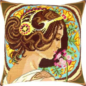 Art Noveau Needlepoint Kit for Adults and Beginners — Byzantine Head. The Blonde by Alphonse Mucha 16″ × 16″ with Clear, Precise Printed Design on Cotton Canvas; Includes Needles and Yarn