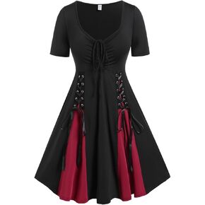 ROSE GAL Rosegal Plus Size Women Cinched Ruched Lace-up Two Tone Godet Hem A Line Gothic Short Sleeve Dress