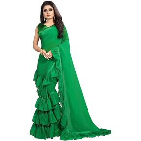 VIBRANCE Saree Ruffle Georgette Ethnic Indian Women Party Wear Frill Designer Border Sari