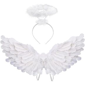 Angel Costume Wings And Halo Angel Costume for Girls Kids Women Adult Halloween Christmas (White)