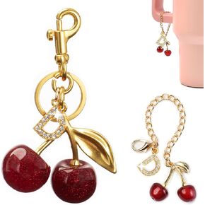 2PC Cherry Keychain Bag Purse Handbag Charms Initial Letter Keychain for Women Girl Cute Key Chain Bling Sparkly