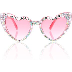 Pink Birthday Queen Heart Shaped Sunglasses, Women Birthday Decorations Pearl Heart Sunglasses for Women Birth Day Party Favors