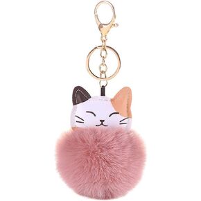 Pink Cute Cat Shape Pom Pom Keychain Plush Ball Car Keychain Pendant Fluffy Keyring Charm for Women Girls Bag Purse Decor Accessories