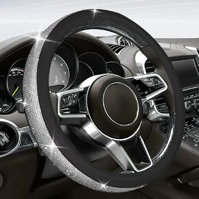 Bling Diamond Leather Steering Wheel Cover, Sparkly Crystal Rhinestones Auto Wheel Protector for Women Girls, Universal Fit 14-15 inch Steering Wheel, Bling Car Accessories (Black+Colorful)