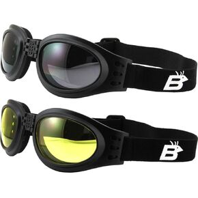 Birdz 2 Pairs of Eyewear Parrot Black Folding Padded Motorcycle Goggles Lenses for Men & Women - Smoke & Yellow