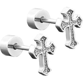 Cross Earrings, Titanium Steel Cross Flat Screw Back Small Stud Earrings Vintage Simple Cross Cartilage Earrings Christian Stylish Jewelry Faith Gift for Women Men (Silver)