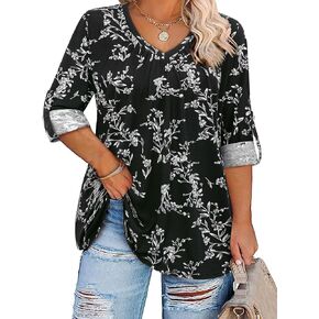 Amrto Plus Size Tops for Women 3/4 Sleeve Casual V Neck Pleated Shirts Loose Fit Tunic Blouse(XL-5XL)