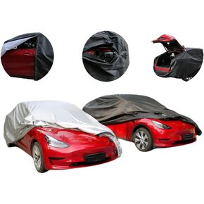 Tesla Model Y Car Cover 2020-2025 Custom Fit with Soft Fleece Lining | 4-in-1 Waterproof Windproof Snowproof UV Protection | Scratch-Resistant Interior | Heavy-Duty All-Season Indoor/Outdoor Cover