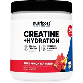 Nutricost Creatine Monohydrate + Hydration Fruit Punch Flavored (30 Servings) - 7 Vitamins & Minerals, 5000mg of Creatine Per Serving