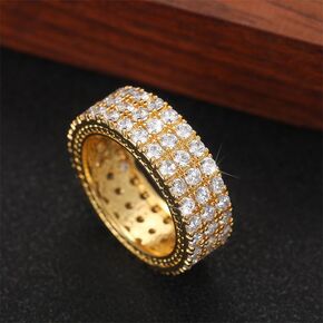 18k Gold Plated Wide Band Eternity Ring 3 Rows Round Cut Iced Out Lab Diamond Wedding Ring All-Around Band Stacking Ring for Women（7）