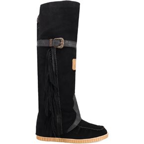 Dingo Womens Lakota Fringe Round Toe Moccasin الأحذية غير الرسمية على الركبة منتصف الكعب 2-3 " - أسود