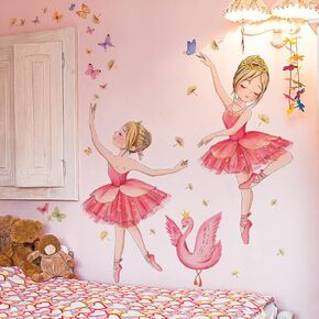 2 Kits Pink Ballet Girl Decor DIY Ballet Dancing Girl Wall Art Decals Lovely Little Princess with Butterfly Wall Sticker Colorful Wall Art Toddler Girls Bedroom Wallpaper