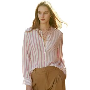 COLD POSH 100% Pure Mulberry Silk Blouse for Women Long Sleeve Button Down Stripe Shirt for Spring/Summer
