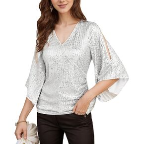 قمم الترتر الفضي للنساء ， 3/4 بريق بريق V-neck rearcly regant legants