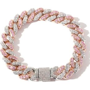 14K Gold 12mm Cuban Link Chain Bracelet with Pink & White Moissanite, Statement Jewelry for Men, Gift for Him