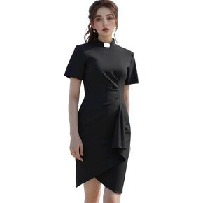 Womens Church Clergy Mass Dress Flare Sleeve Waist Pleated Flower Bud Pencil Dress with Tab Collar