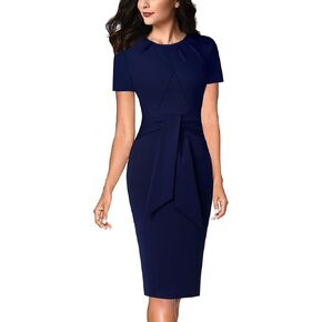 VFSHOW Womens Pleated Crew Neck Tie Waist Bow Belted Slim Work Office Business Bodycon Pencil Dress
