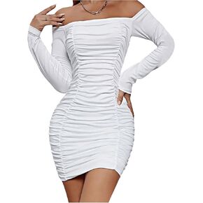 Floerns Women's Off Shoulder Long Sleeve Pencil Dress Ruched Y2k Bodycon Dress