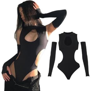 Women's Y2K Sexy Hollow Out Long Sleeve Tank Bodysuit Summer Skinny Leotard Tops Streetwear Outfit