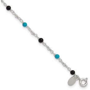 Diamond2Deal 925 Sterling Silver Onyx Turquoise Anklet 10"