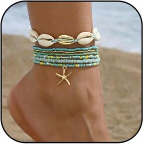 Shell Starfish Anklets Bracelet for Women Colorful Beaded Puka Shell Anklet Hawaiian Beach Seashell Starfish Conch Foot Jewelry Mermaid Jewelry for Women